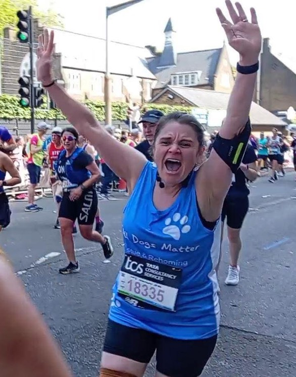 All Dogs Matter runner after completing the London Marathon 2025 in charity vest